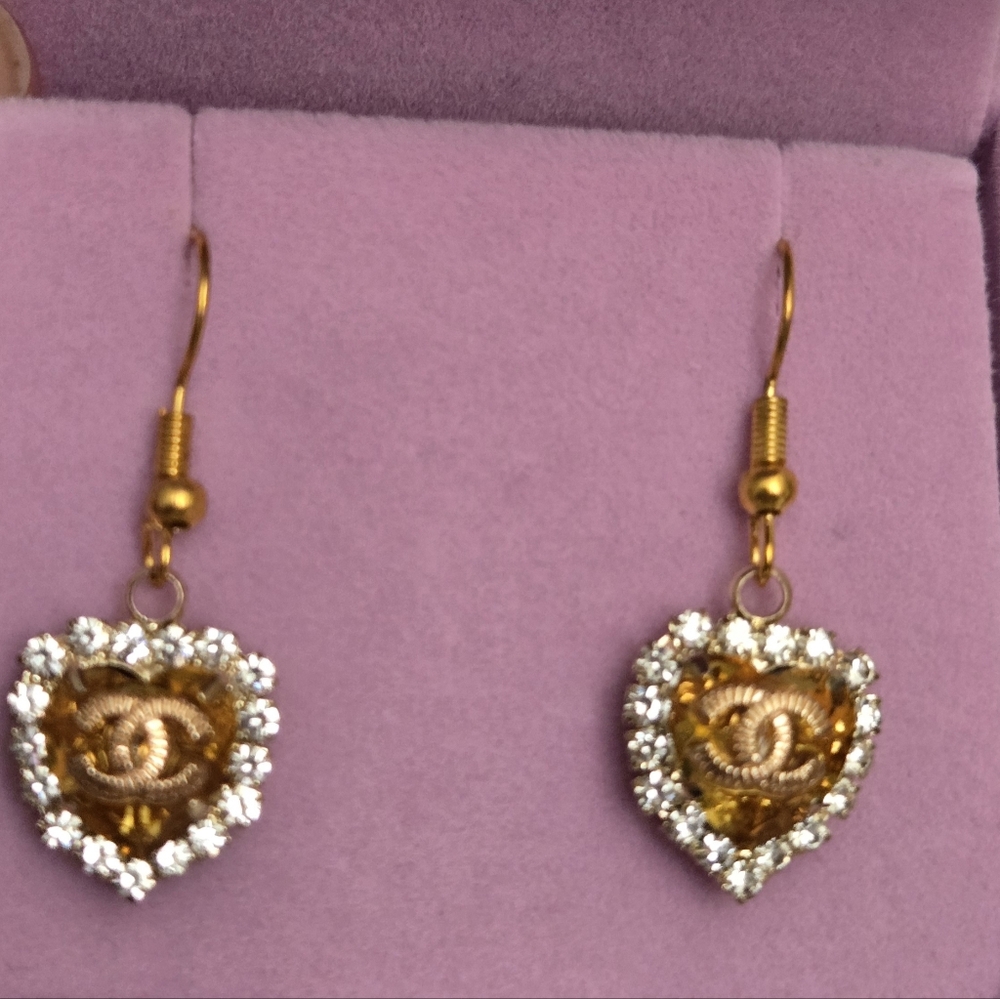 Chanel Stamped Gold and Rhinestone Heart Earrings - Picture 2 of 5